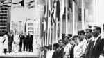 HH the Amir Sheikh Sabah Al Ahmed Al Sabah raises Kuwait flag for the first time over the building of the United Nations after the accepting Kuwait accession in May11, 1963.